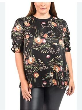 DR2 Black Floral Puff-Sleeve Blouse by Daniel Rainnin plus size
